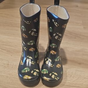 Kids Black Rain Boots with Car Print